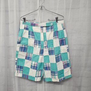 English Sports Shop Blue Pink Plaid Madras Patchwork Bermuda Shorts Unisex 32"